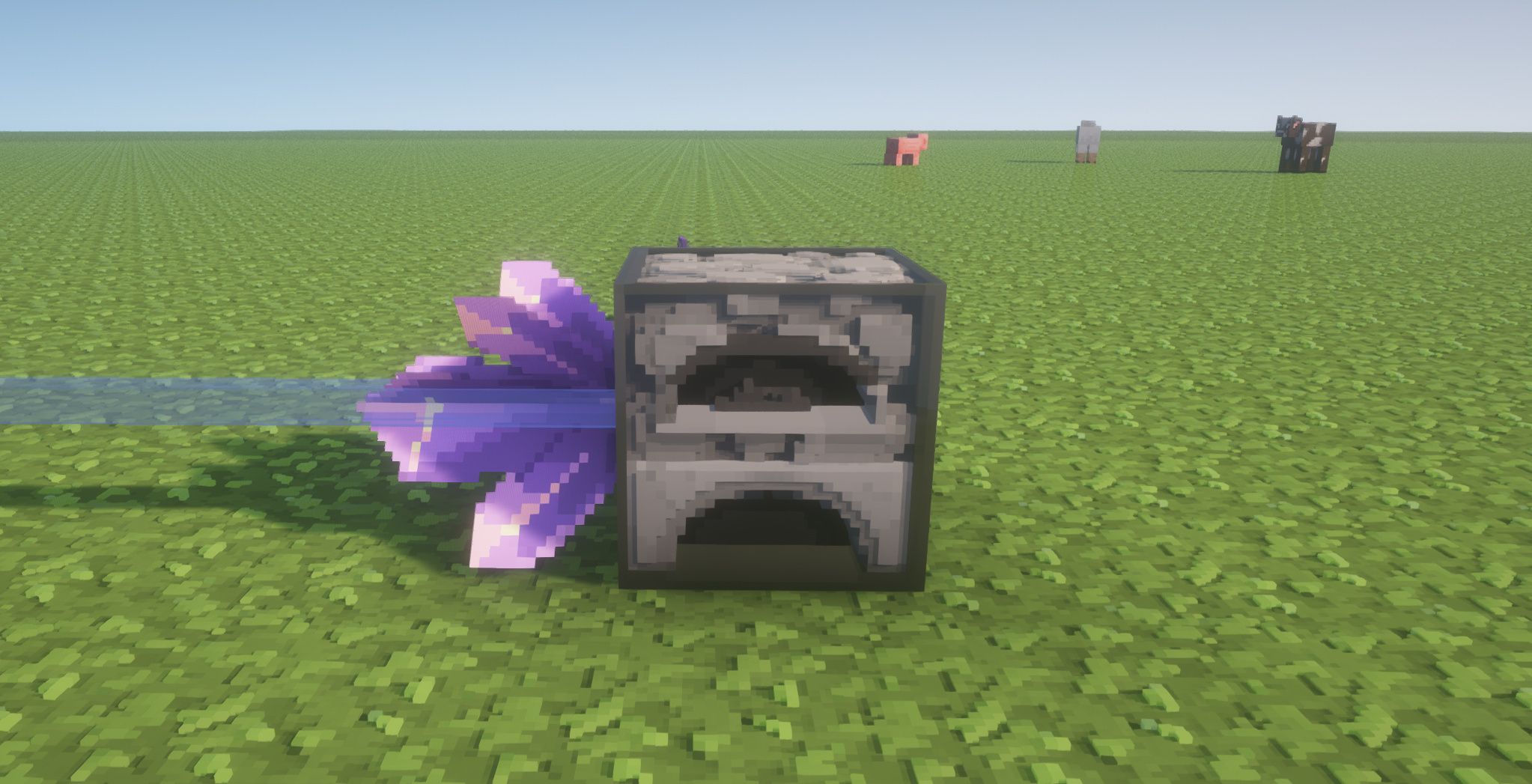 A furnace with an amethyst crystal port connected directly to an item link